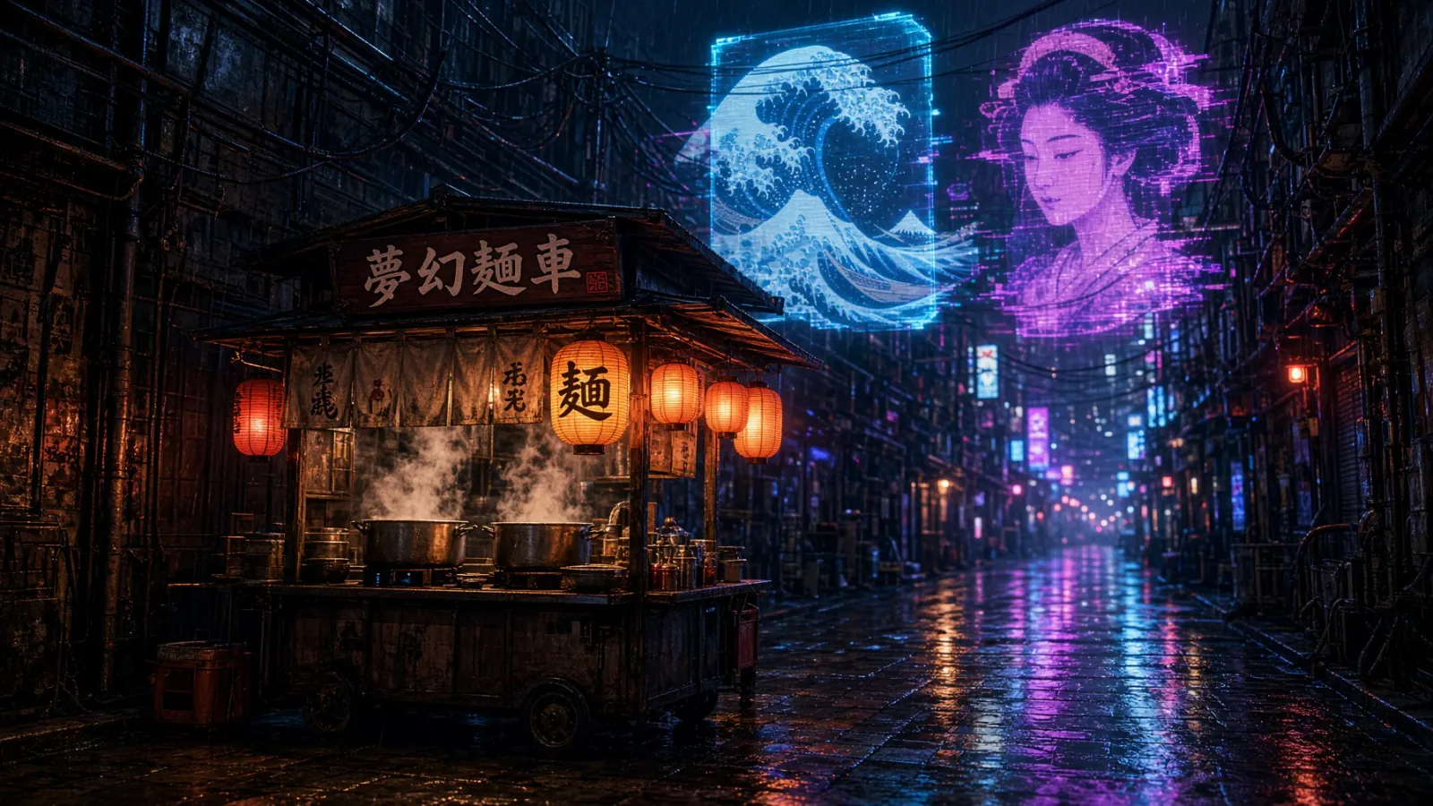 Cyberpunk Ramen Street Food Stall in Shinjuku
