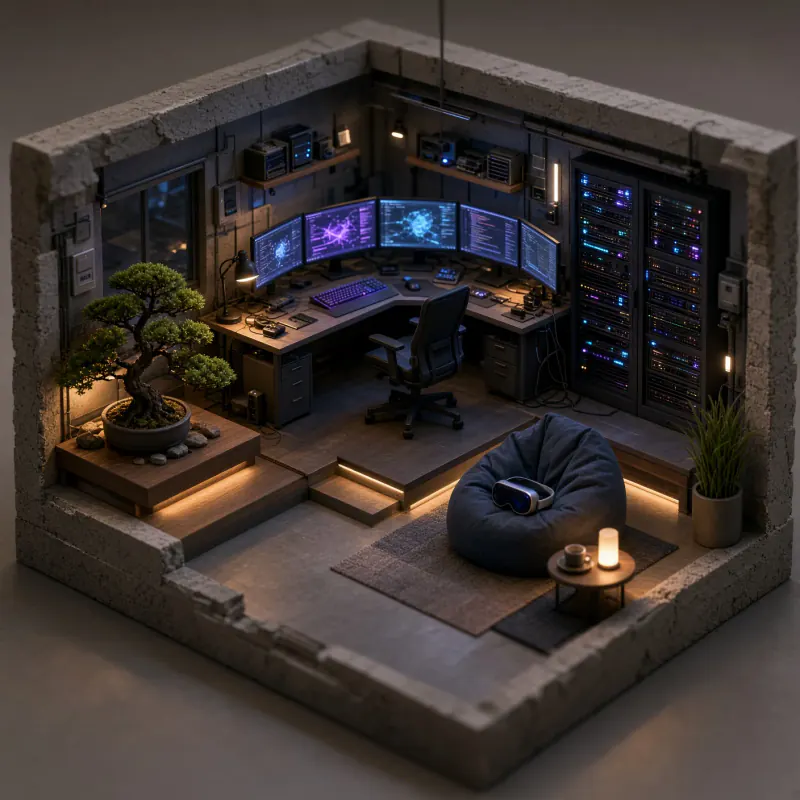 Isometric 3D Cyberpunk Hacker Loft Apartment