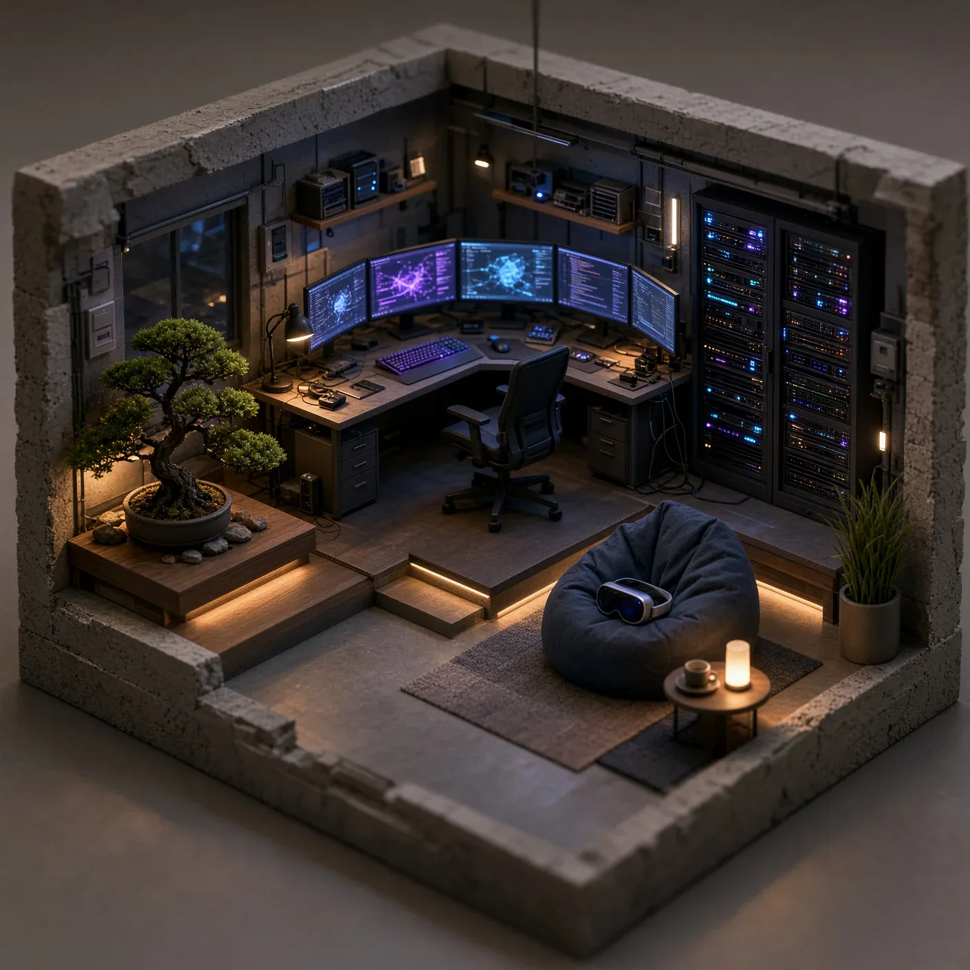 Isometric 3D Cyberpunk Hacker Loft Apartment