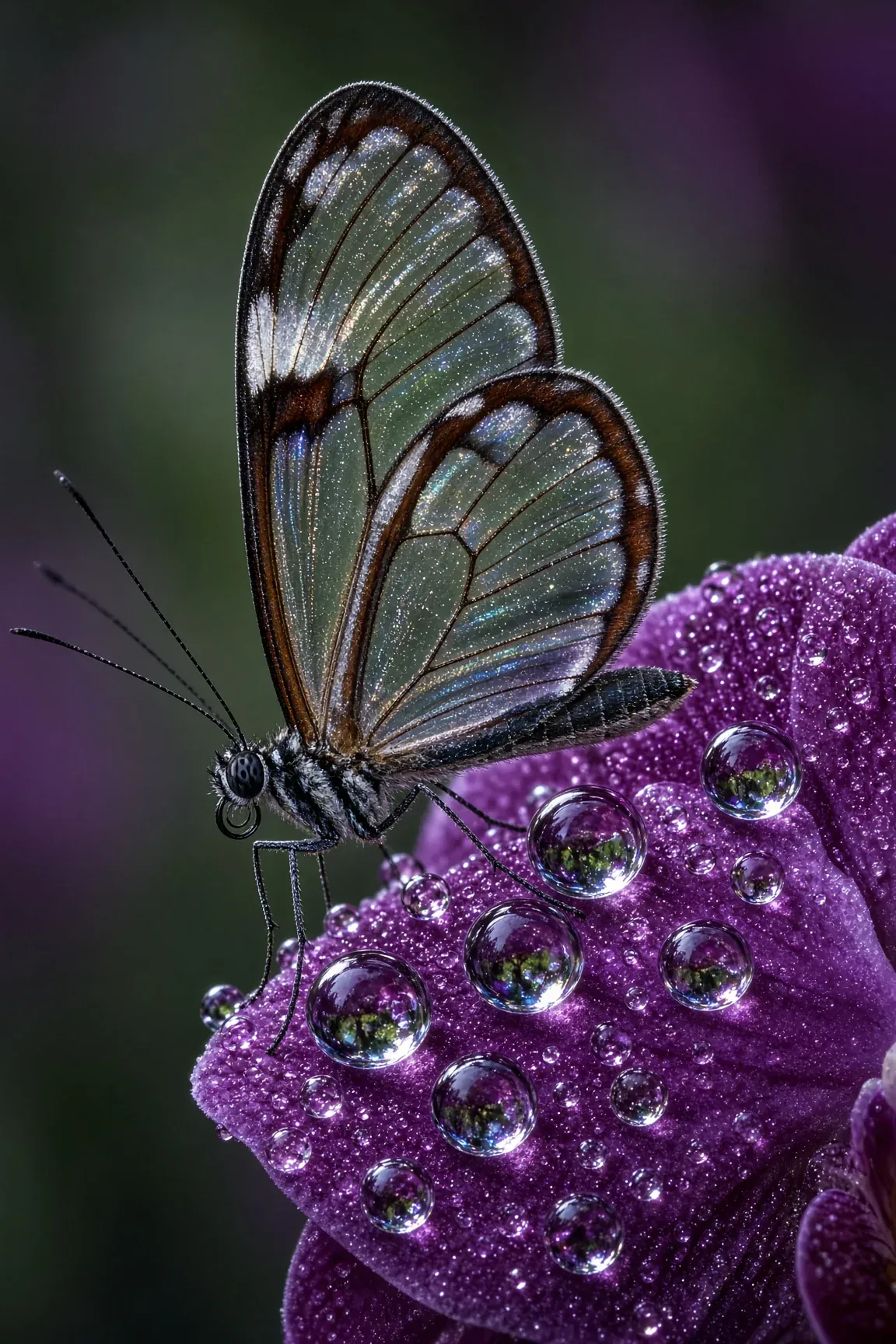 Hyper-Macro Iridescent Glasswing Butterfly with Morning Dew