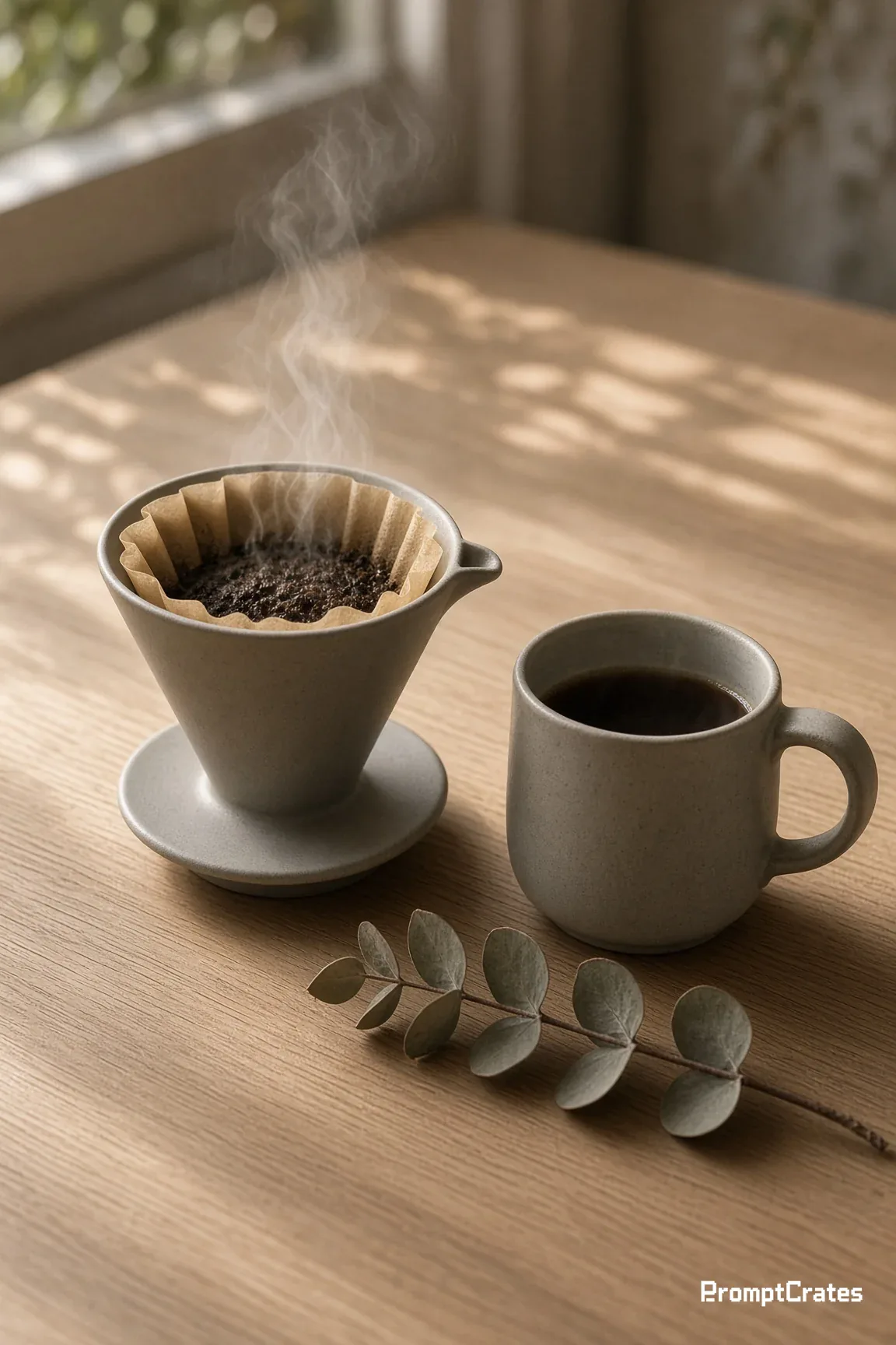 Minimalist Ceramic Coffee Set in Warm Morning Light