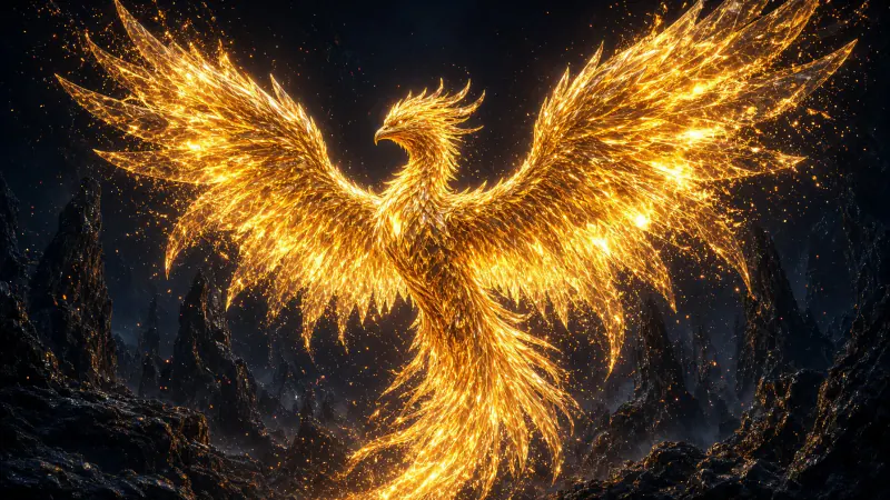 Mythological Phoenix Rebirth in Molten Gold and Embers
