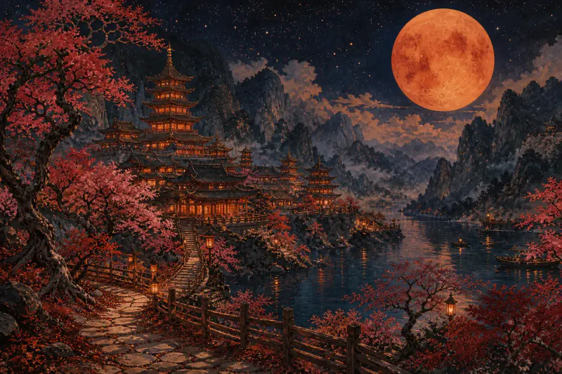 Night Pagoda Under a Giant Moon