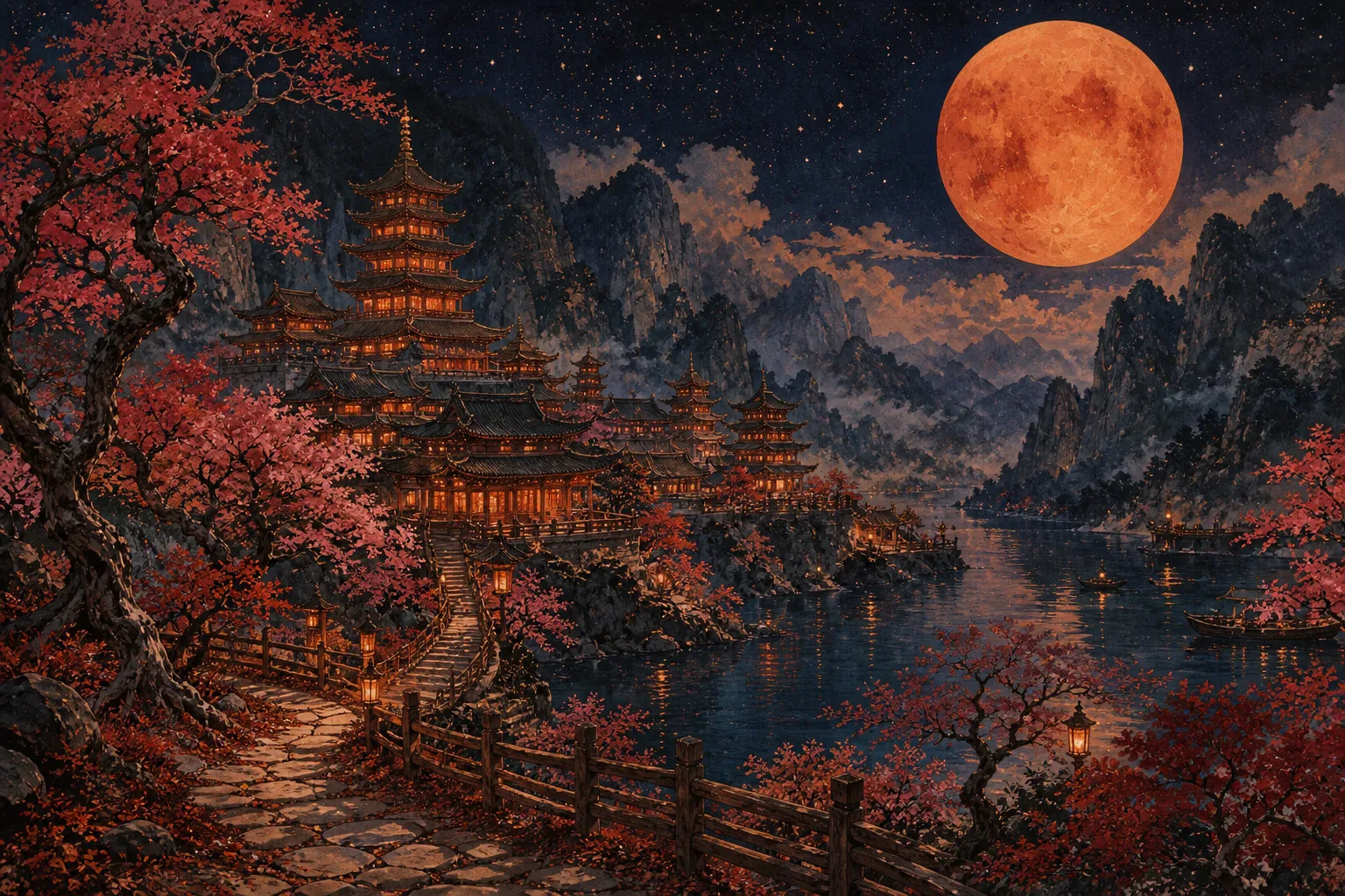 Night Pagoda Under a Giant Moon