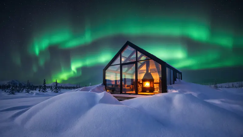 Nordic Glass Cabin under Aurora Borealis