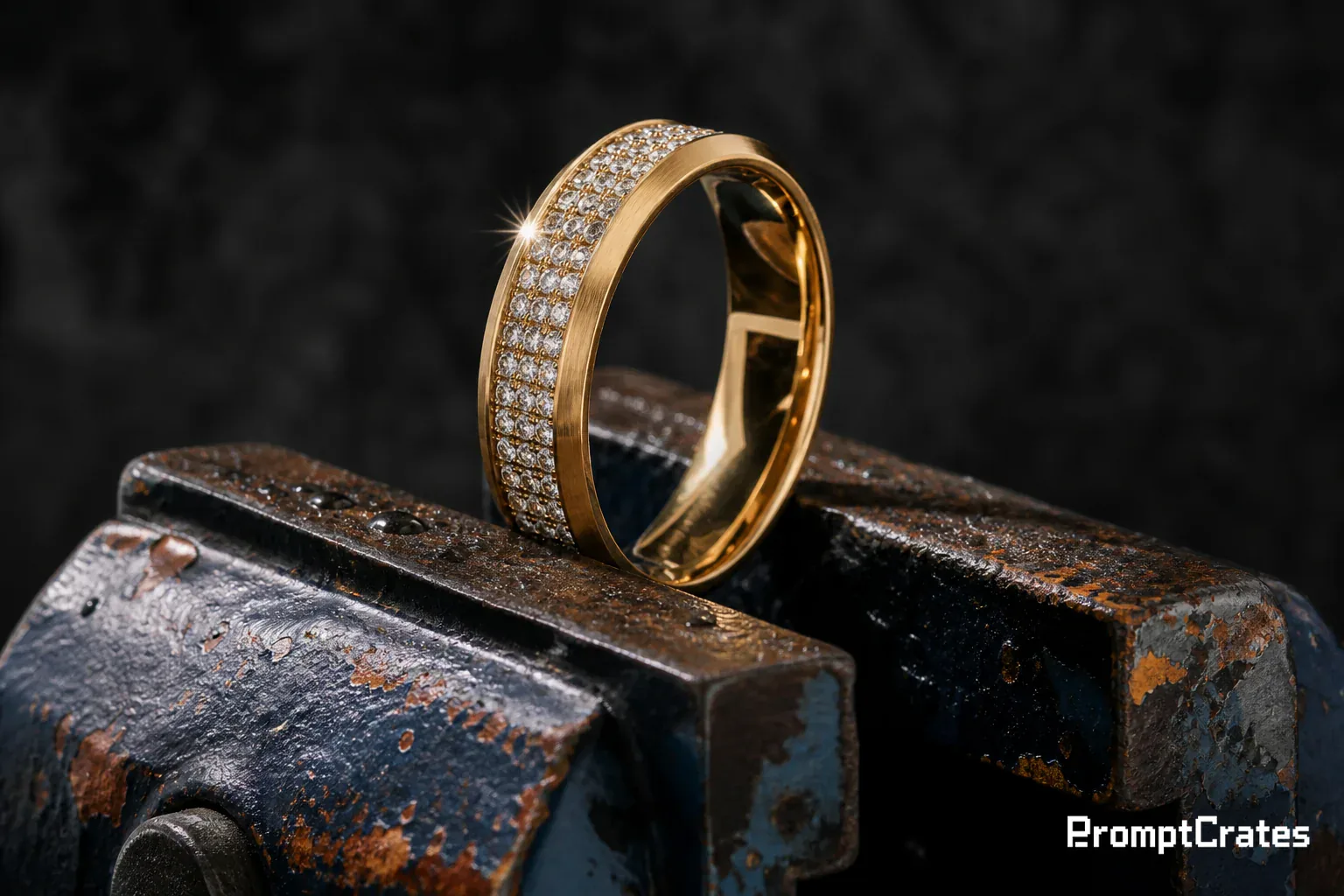 Pave Ring in a Rusted Vise