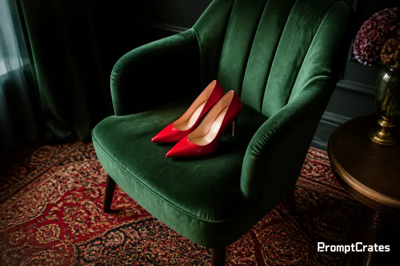 Red Pumps on Green Velvet
