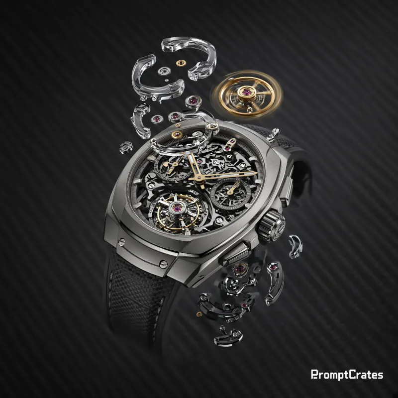 Luxury Skeleton Mechanical Watch Floating in Micro-Gravity