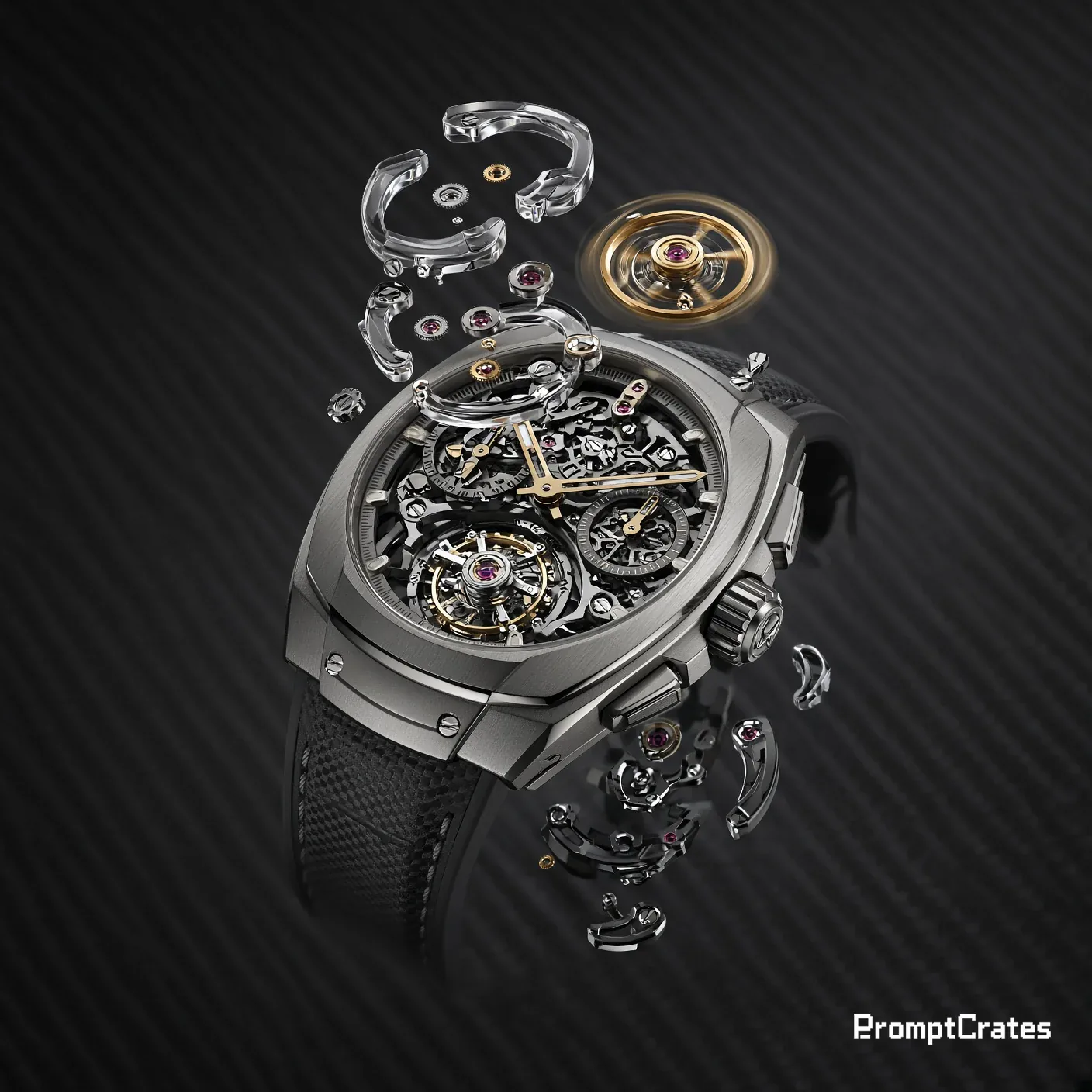 Luxury Skeleton Mechanical Watch Floating in Micro-Gravity