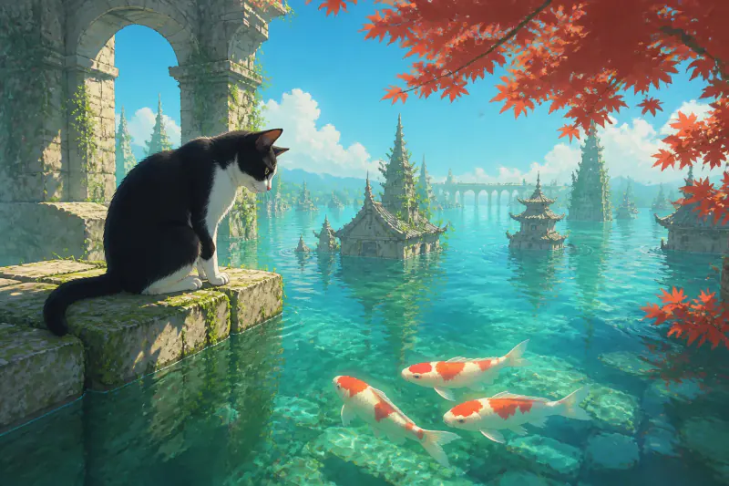 Tuxedo Cat Watching Koi in Ruins