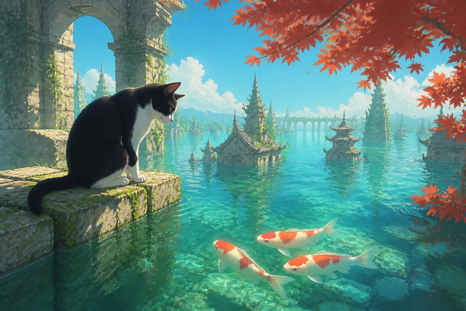 Tuxedo Cat Watching Koi in Ruins