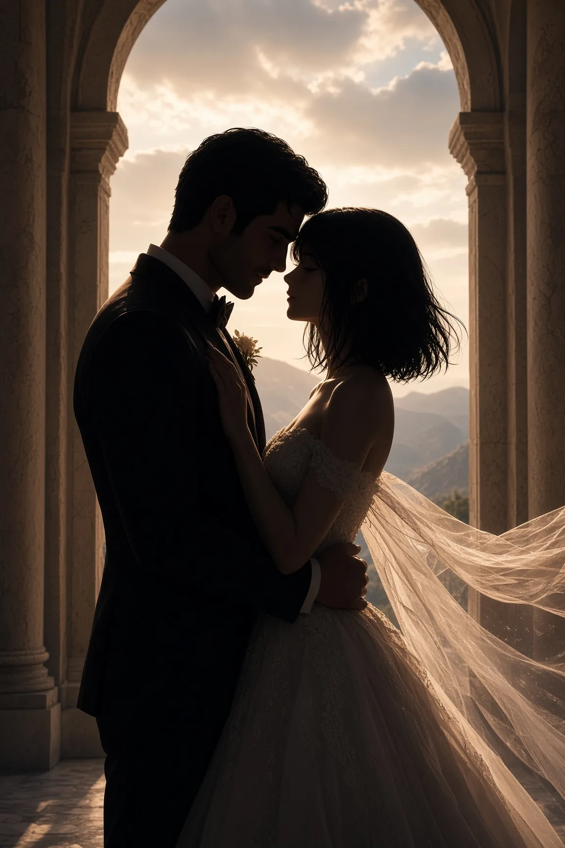 Arch Silhouette Veil Against Mountains