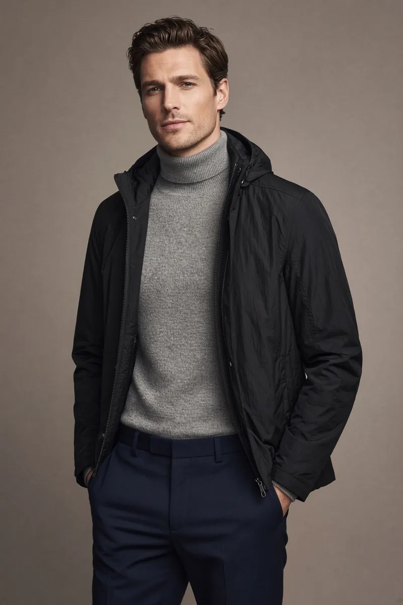 Black Hood Over Grey Turtleneck
