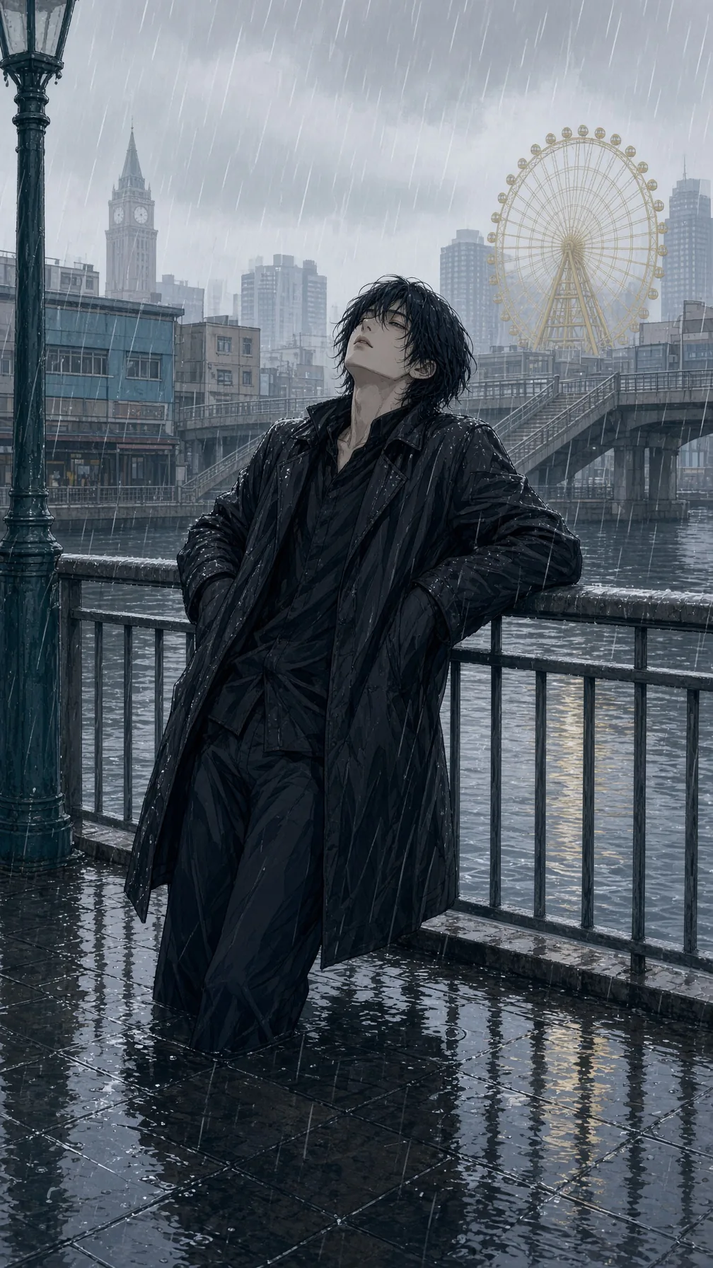 Dark Coat Against Canal Rain