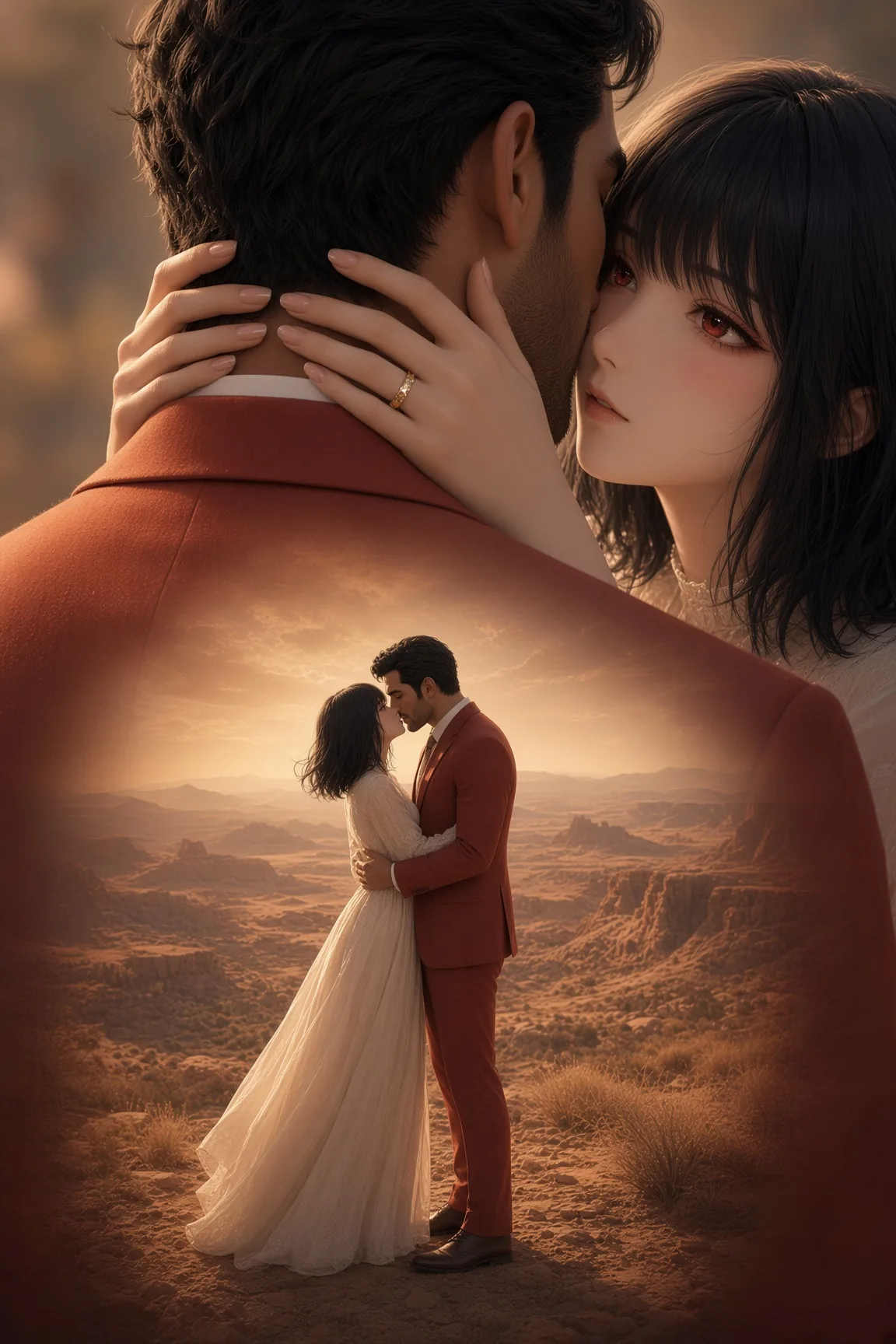 Desert Double Exposure Wedding Embrace