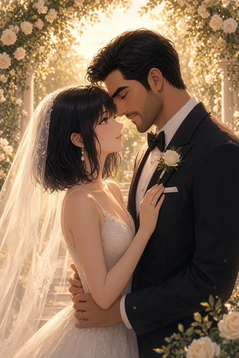 Foreheads Touch Beneath Rose Arch