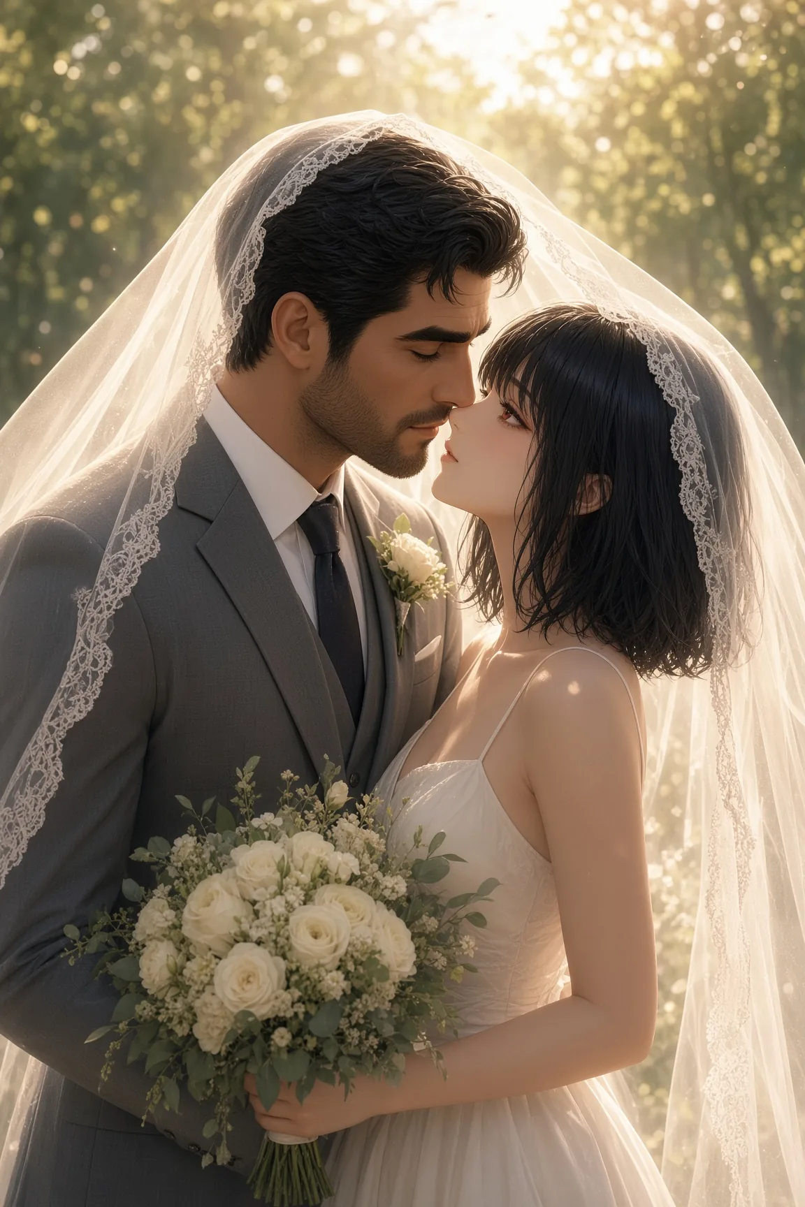 Kiss Beneath Flowing Lace Veil