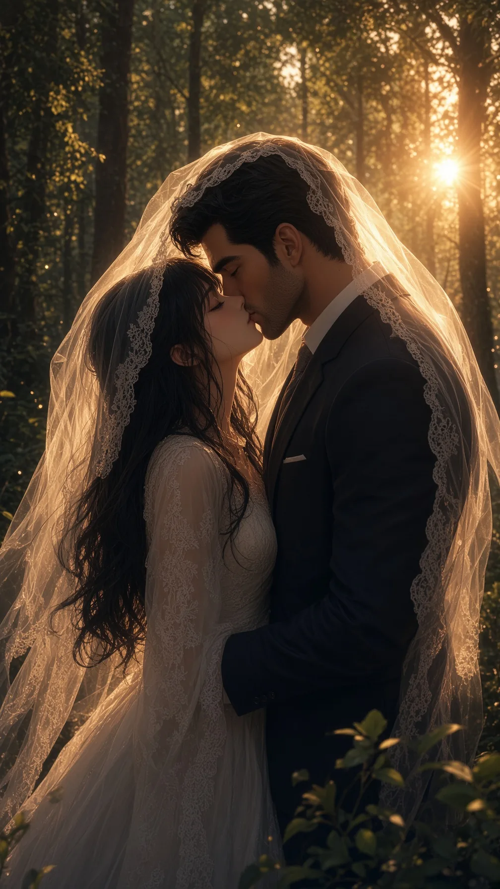 Lace Veil Kiss In Forest Light