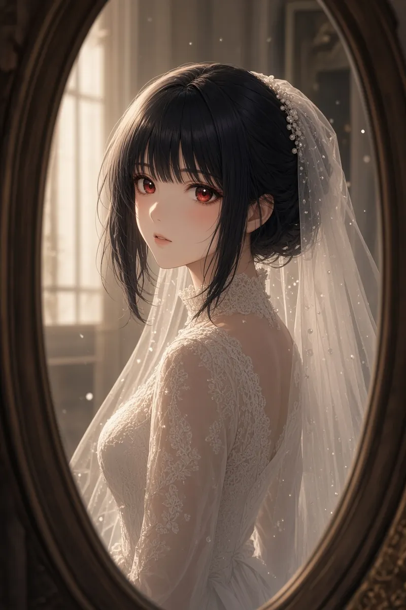 Mirror Portrait Bride Pearl Veil