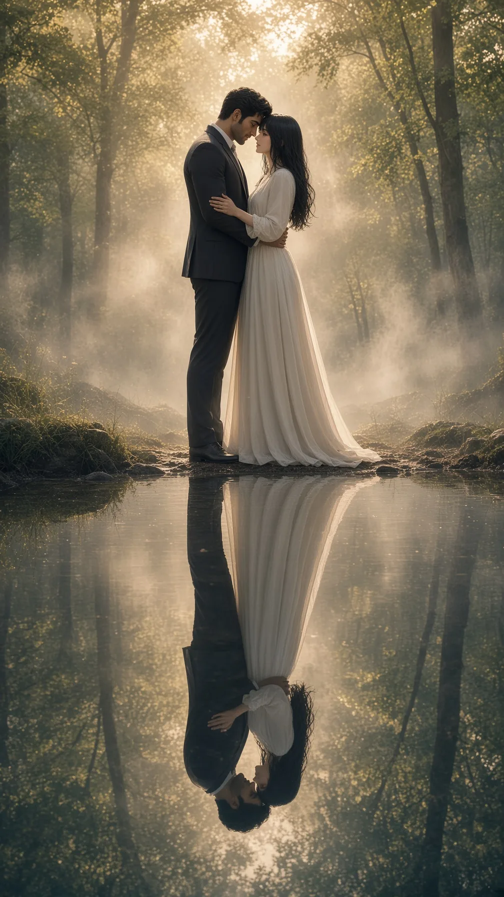 Misty Lake Mirror Wedding Pause