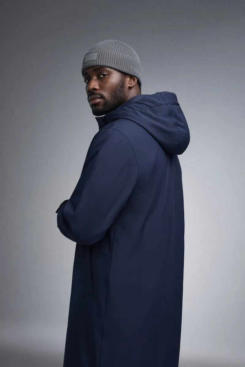 Navy Hood Coat Grey Beanie