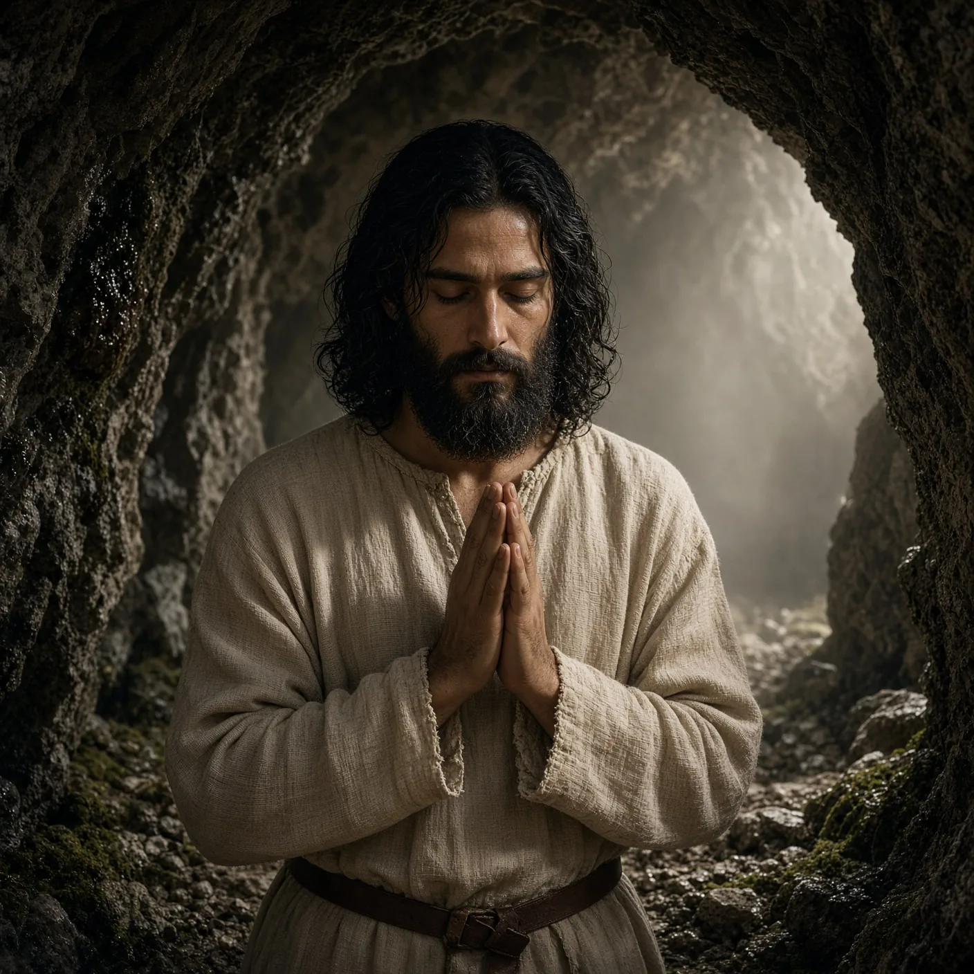 Quiet Prayer Framed By Cave Stone