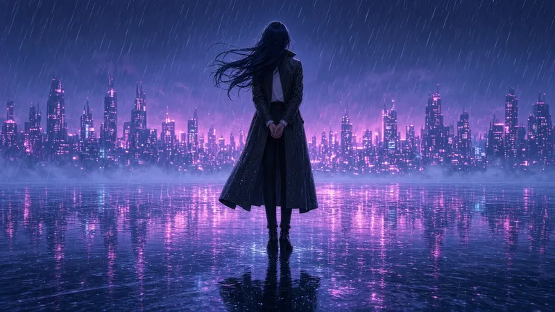 Neon Rain Woman Faces The Shore