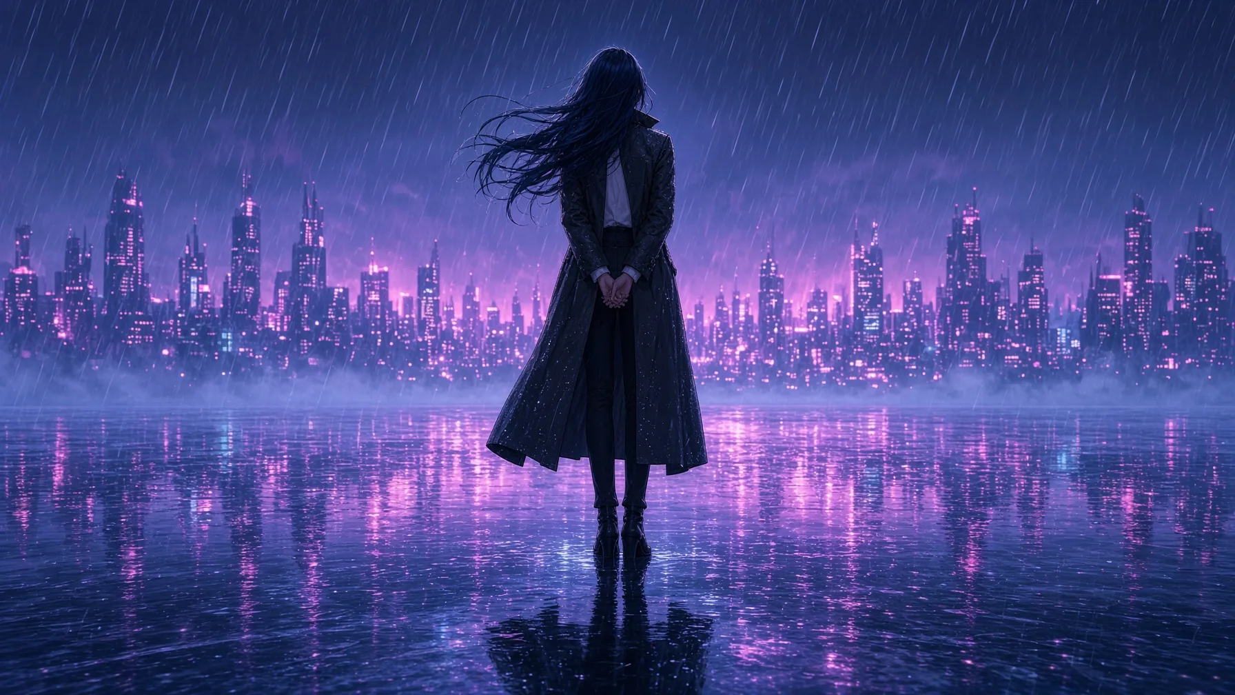 Neon Rain Woman Faces The Shore
