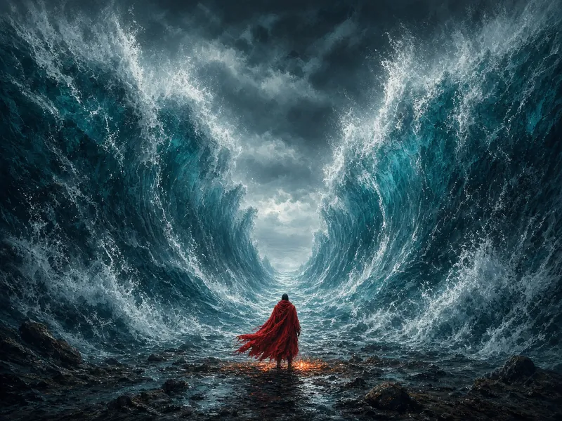 Red Cloak Between Towering Waters