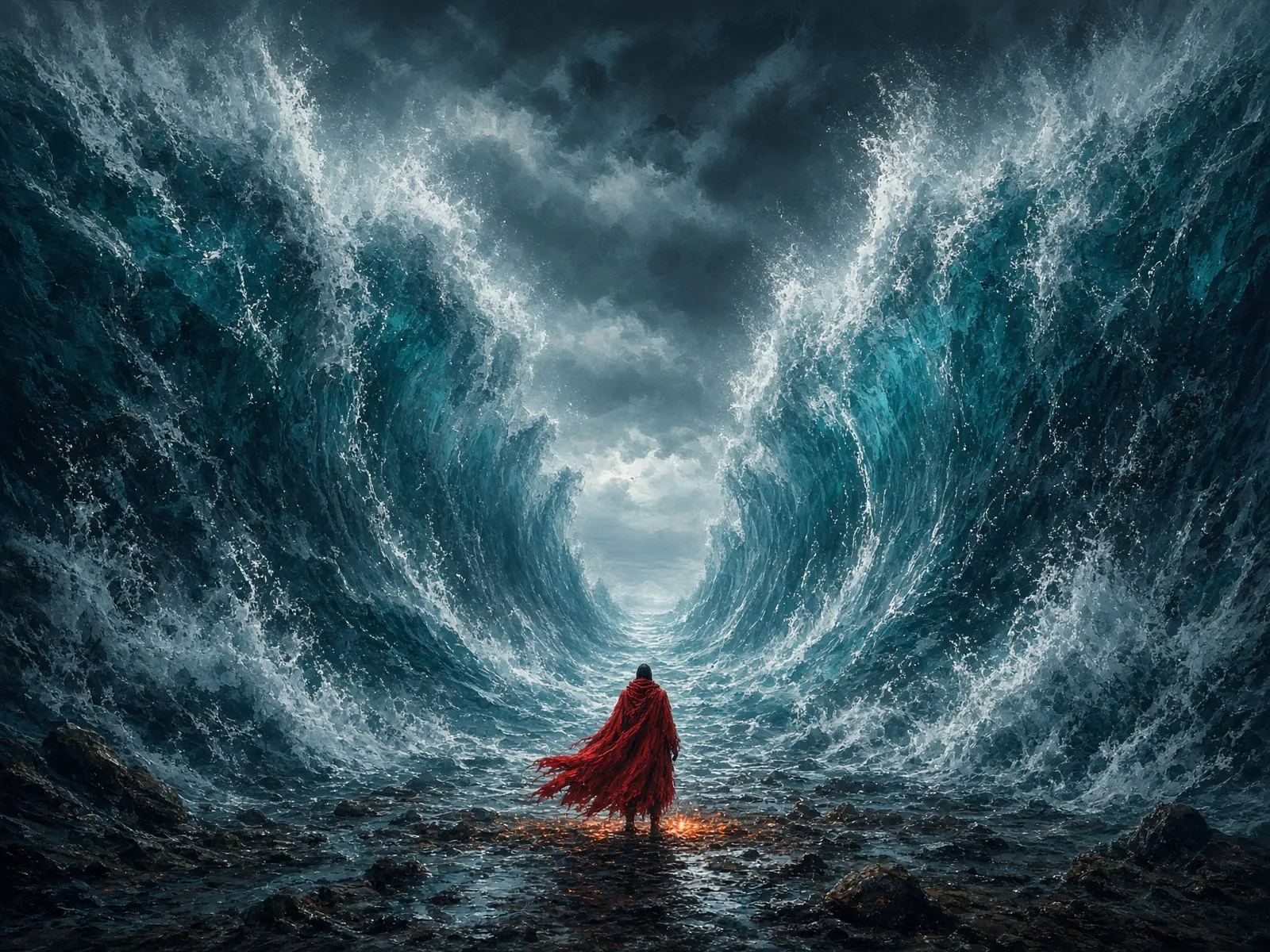 Red Cloak Between Towering Waters