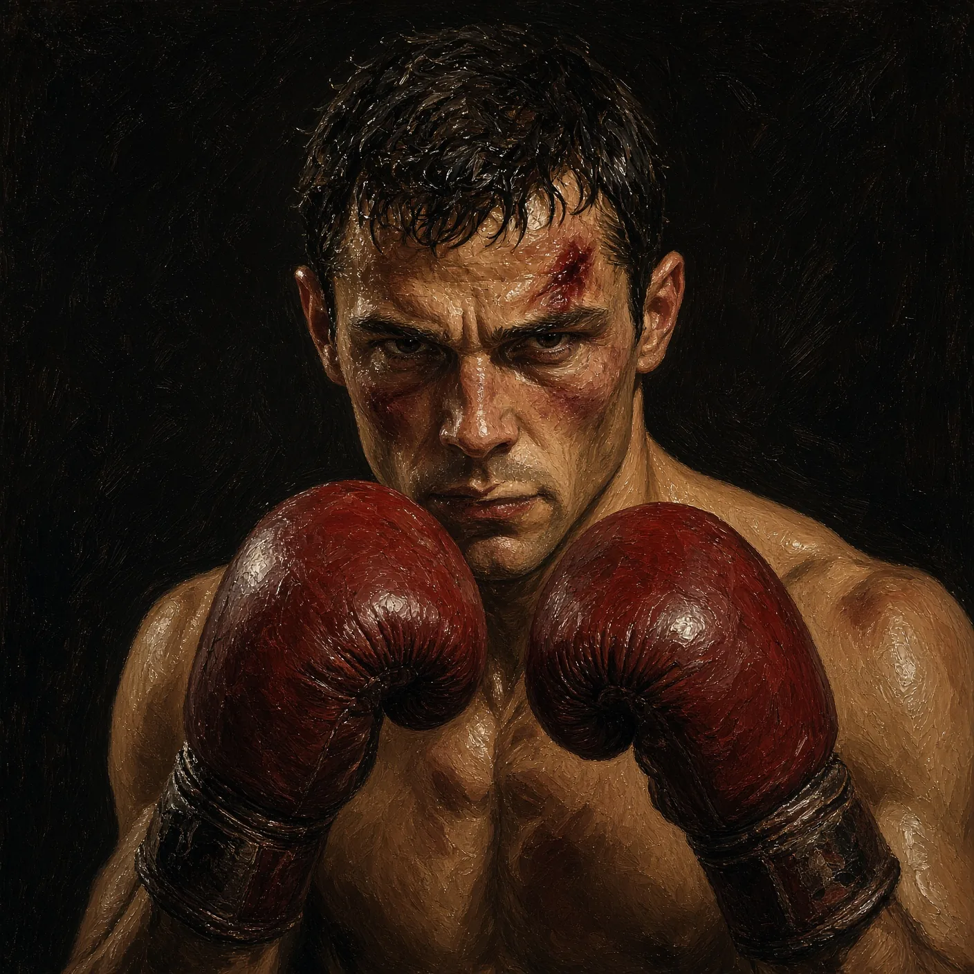Red Gloves Guard The Bruised Chin