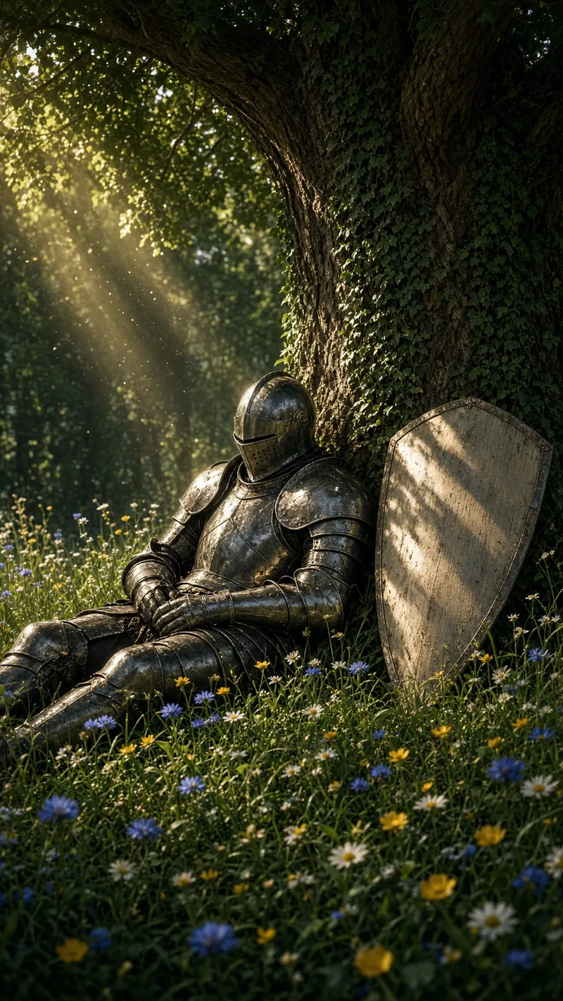 Steel Knight Rests Among Wildflowers
