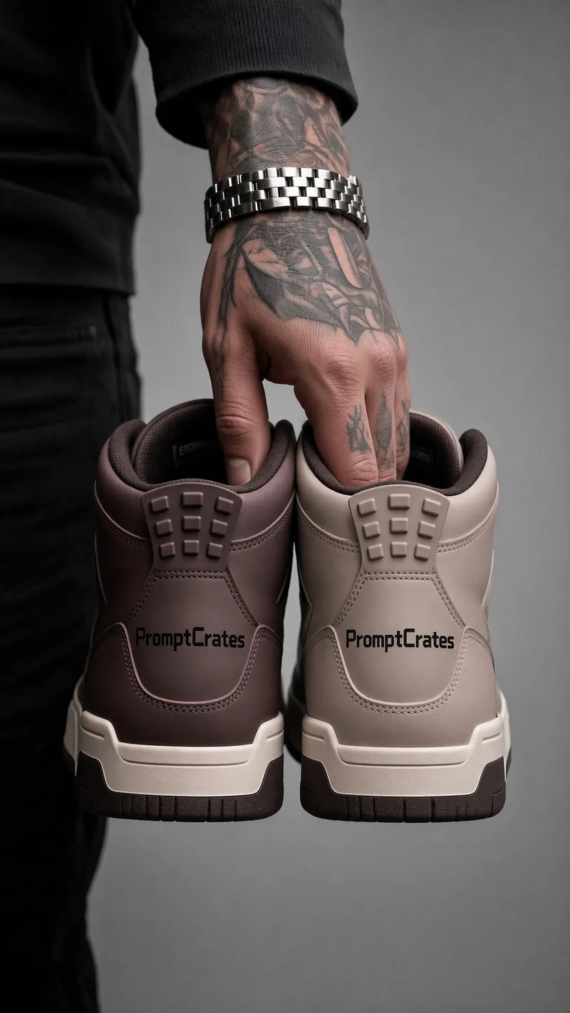 Twin Heel Tabs Held Against Soft Grey