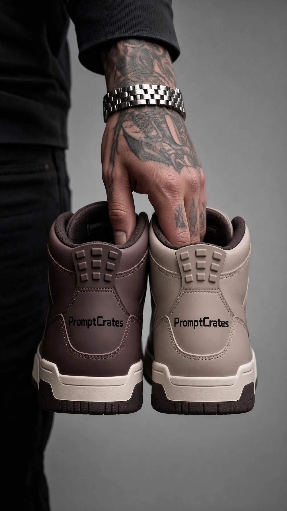 Twin Heel Tabs Held Against Soft Grey