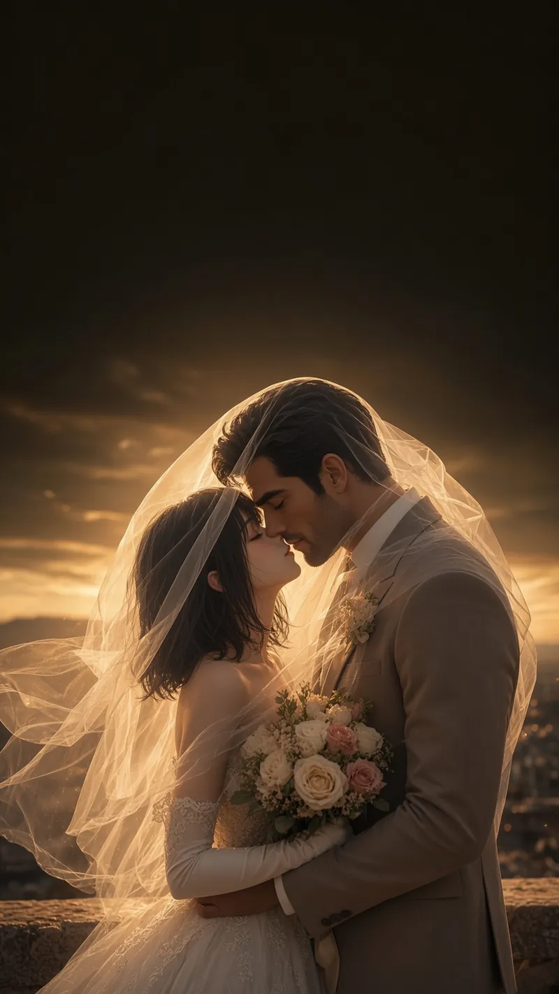 Veil Kiss Against Golden Sky