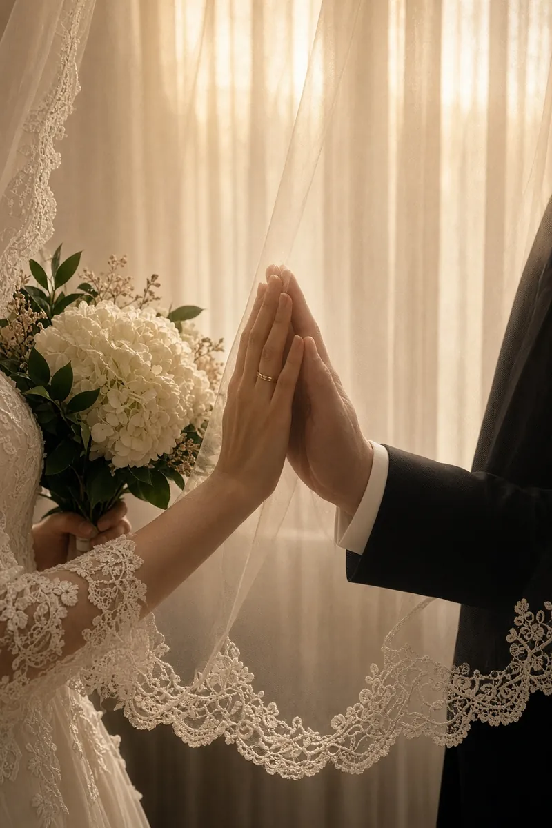 Veiled Hands Meet Soft Curtains