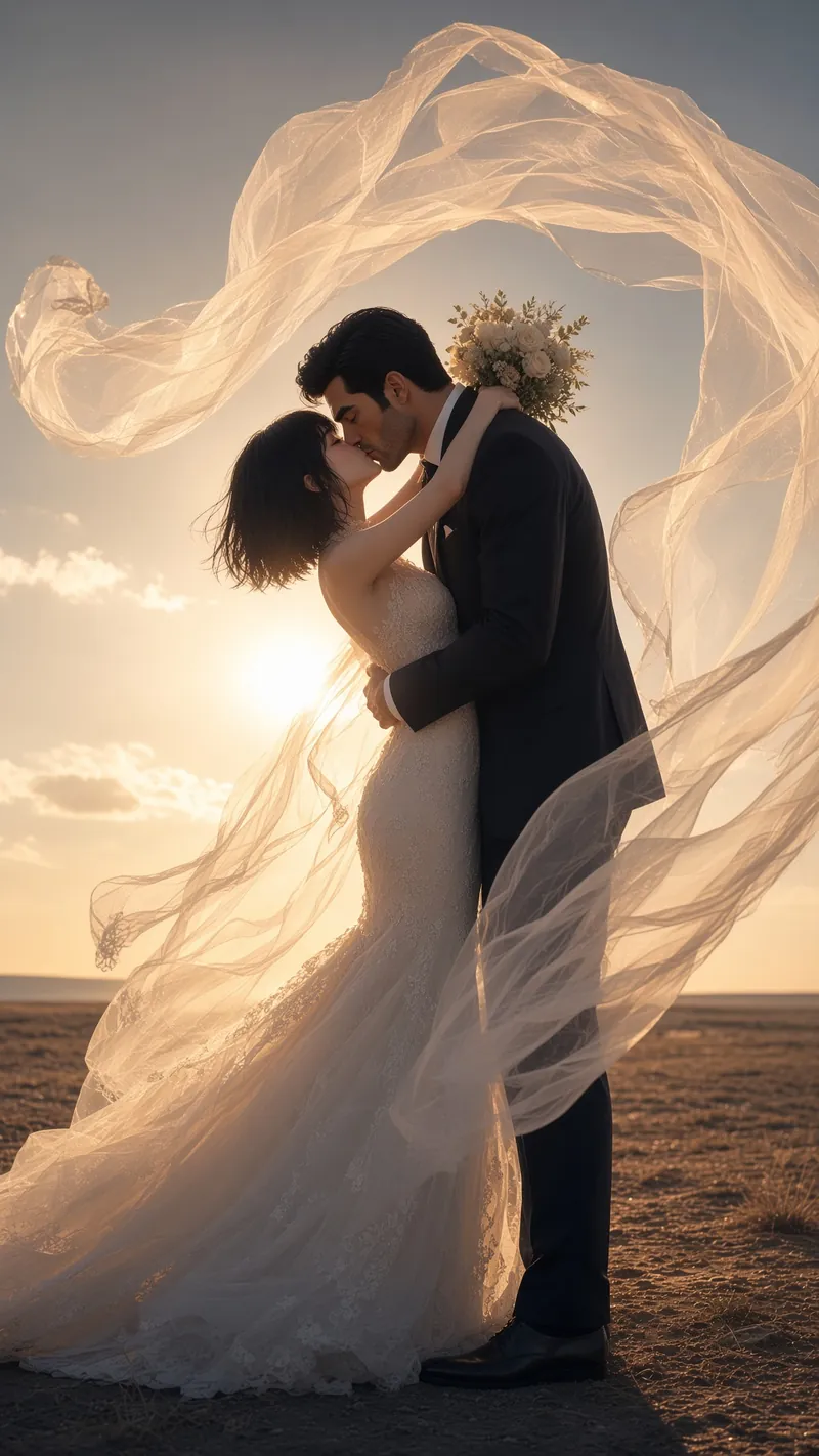 Windblown Veil Frames Sunset Kiss
