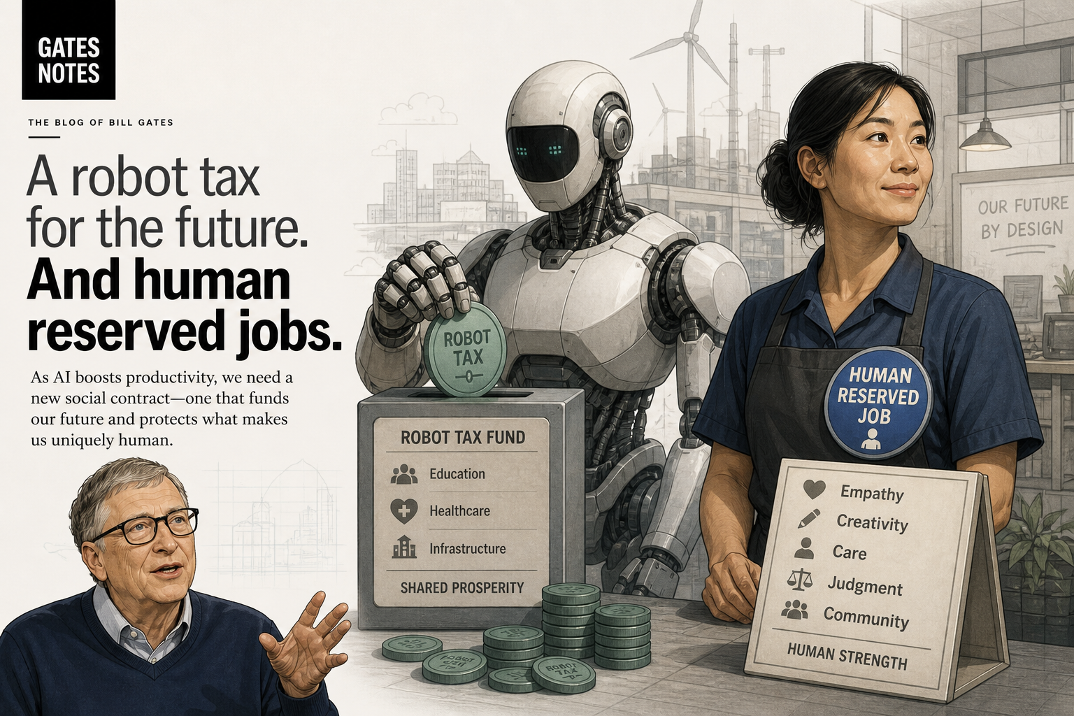 Bill Gates Pushes a Robot Tax and Human-Reserved Jobs