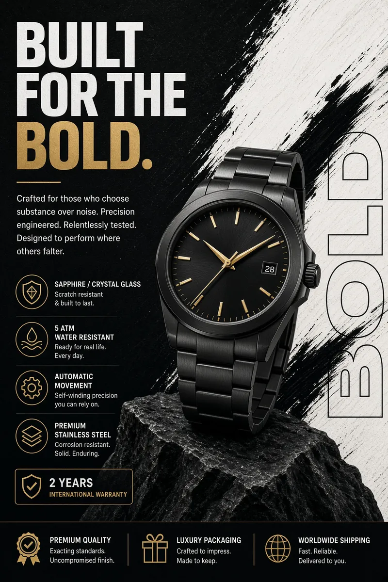Black Gold Automatic Watch Stone Plinth Bold