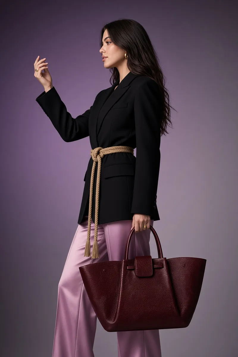 Burgundy Tote Against Purple Gradient Silhouette