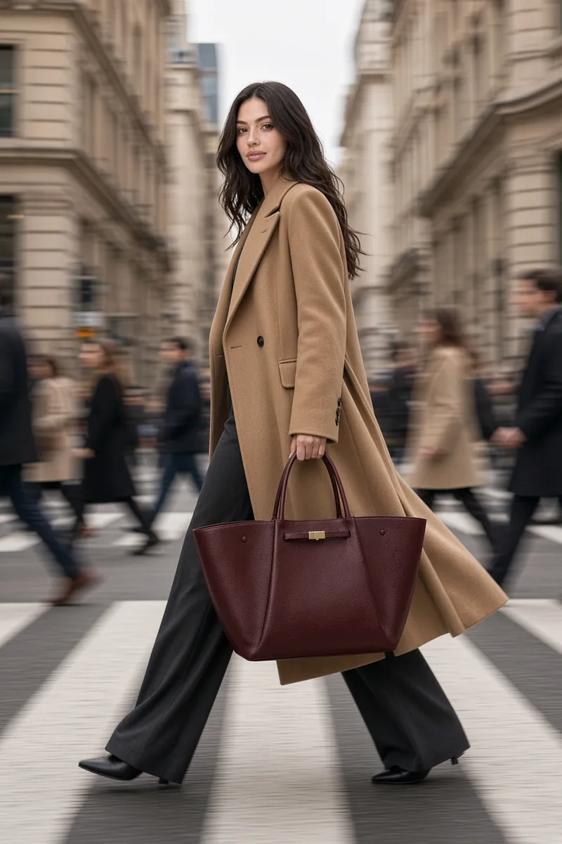 Burgundy Tote Camel Coat Motion Blur Street