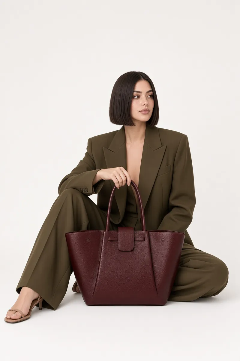 Bag Burgundy Tote Floor Sit Monochrome Suit