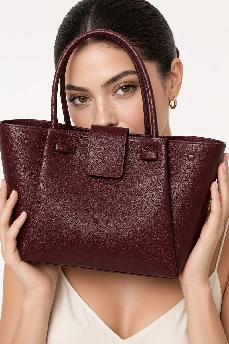 Bag Burgundy Tote Framed Against Face Studio