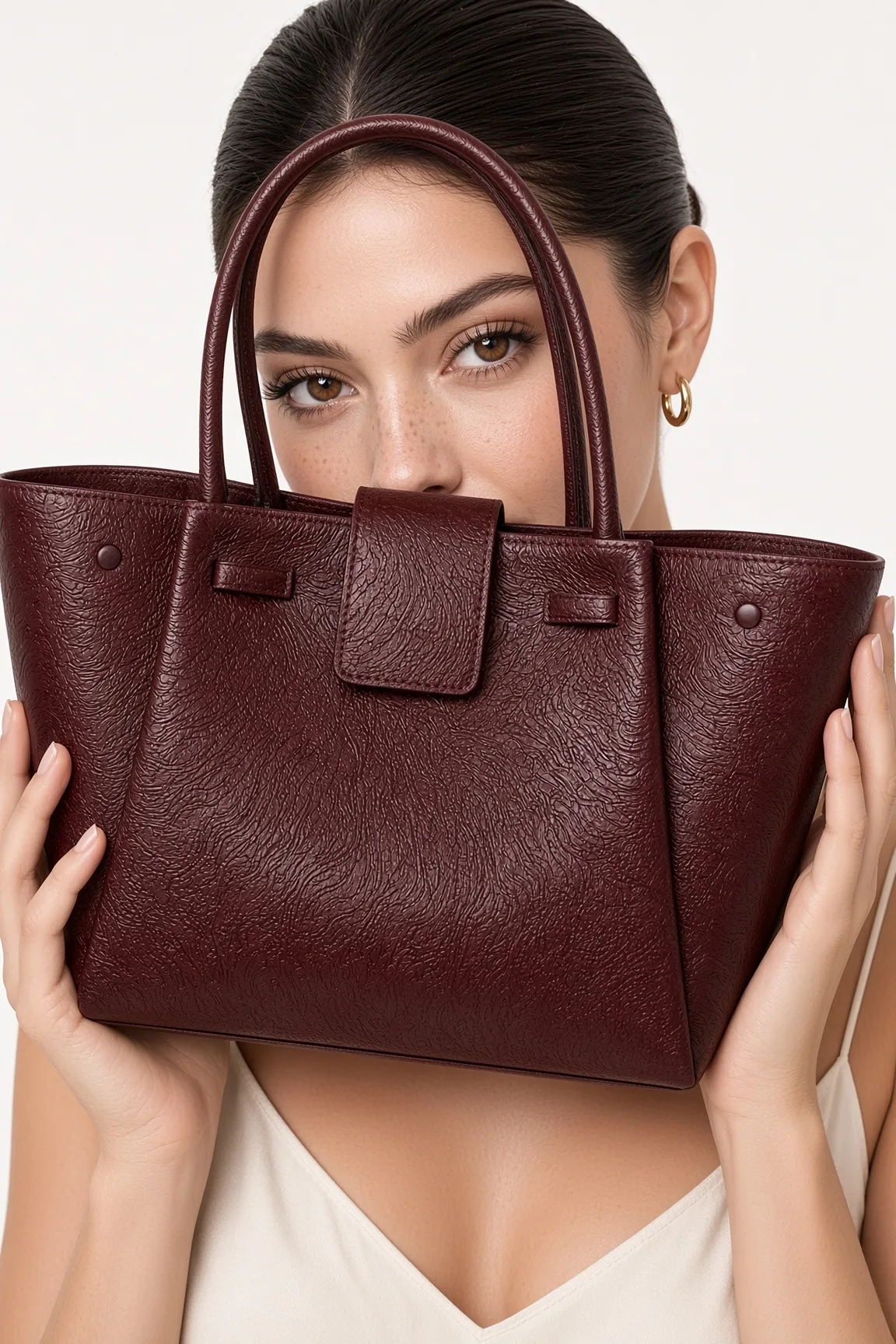 Bag Burgundy Tote Framed Against Face Studio