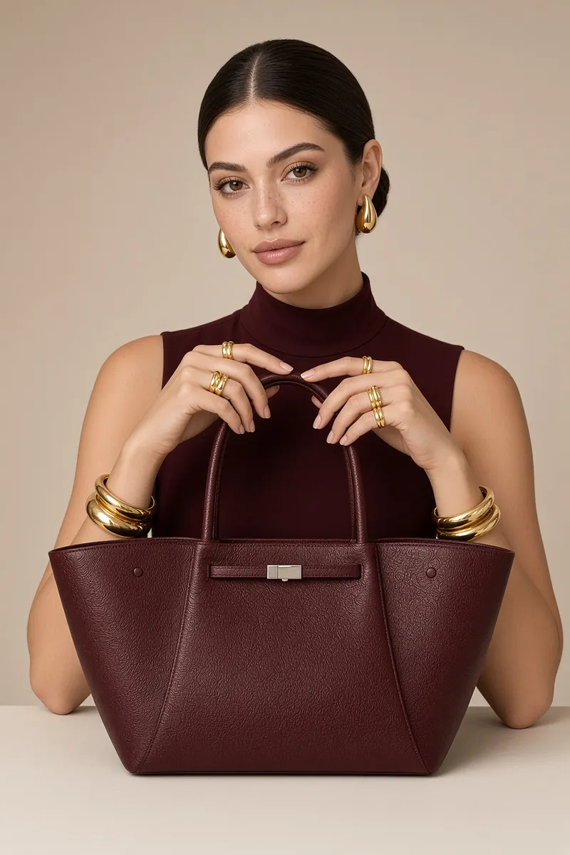 Burgundy Tote Gold Jewelry Beige Studio