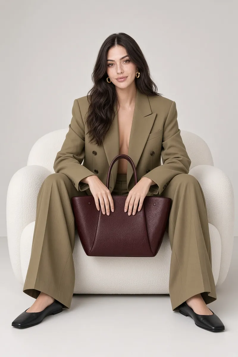 Burgundy Tote In White Armchair Editorial