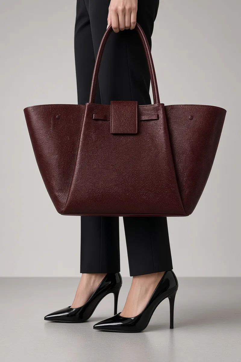 Bag Burgundy Tote Low Angle Stiletto Studio Crop