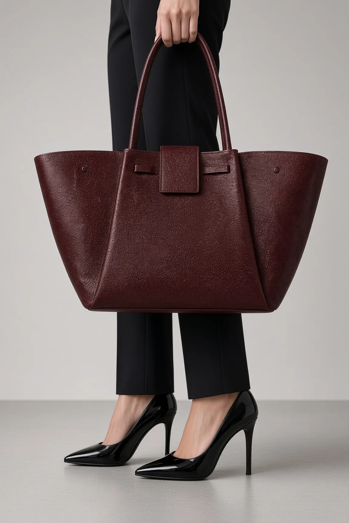 Bag Burgundy Tote Low Angle Stiletto Studio Crop