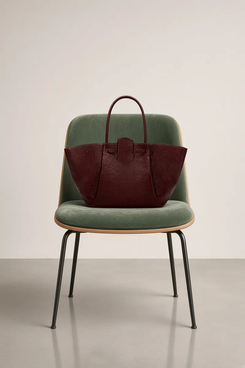 Bag Burgundy Tote On Sage Velvet Chair