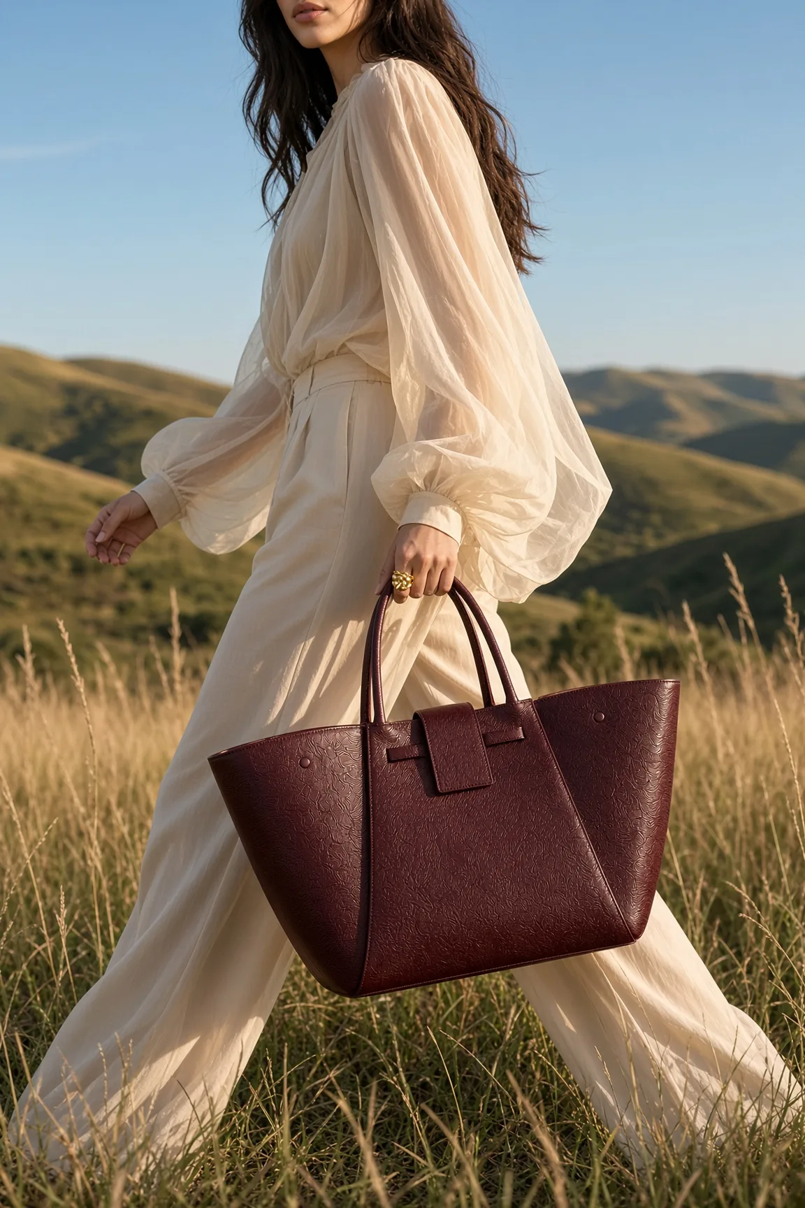 Bag Burgundy Tote Walking Tall Grass Hills